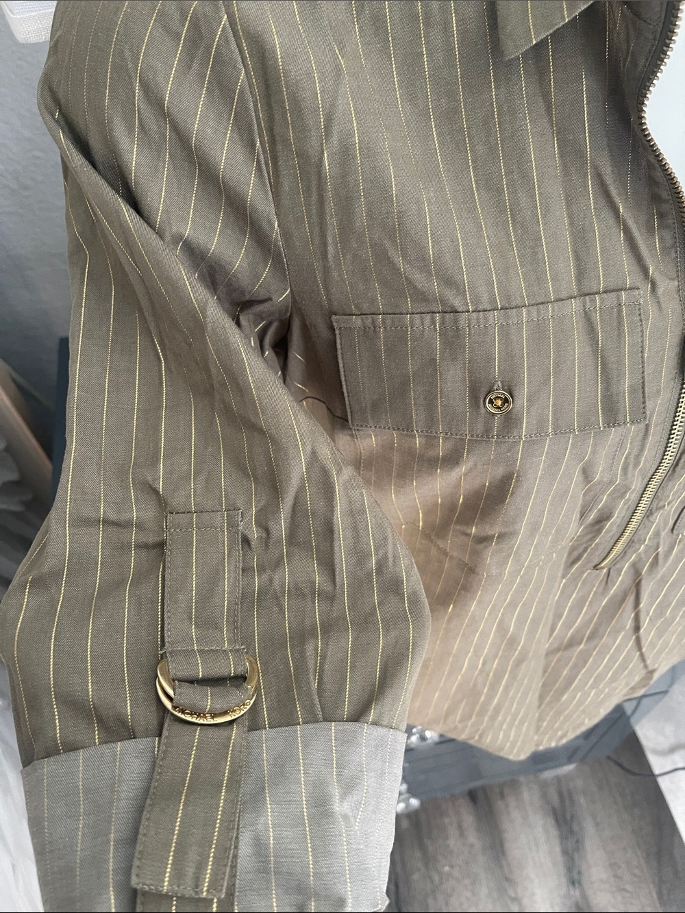 Michael Kors Safari green Top with Gold Pinstripes - Picture 5 of 14